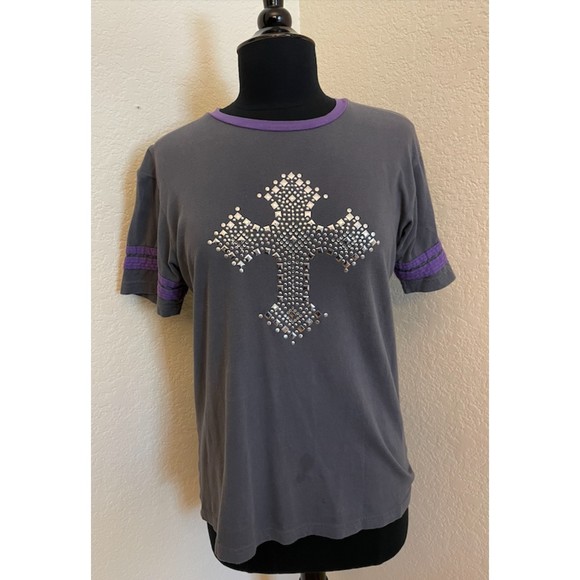 Gray and Purple Ringer Tee with Studded Cross-Sz L - Picture 1 of 9